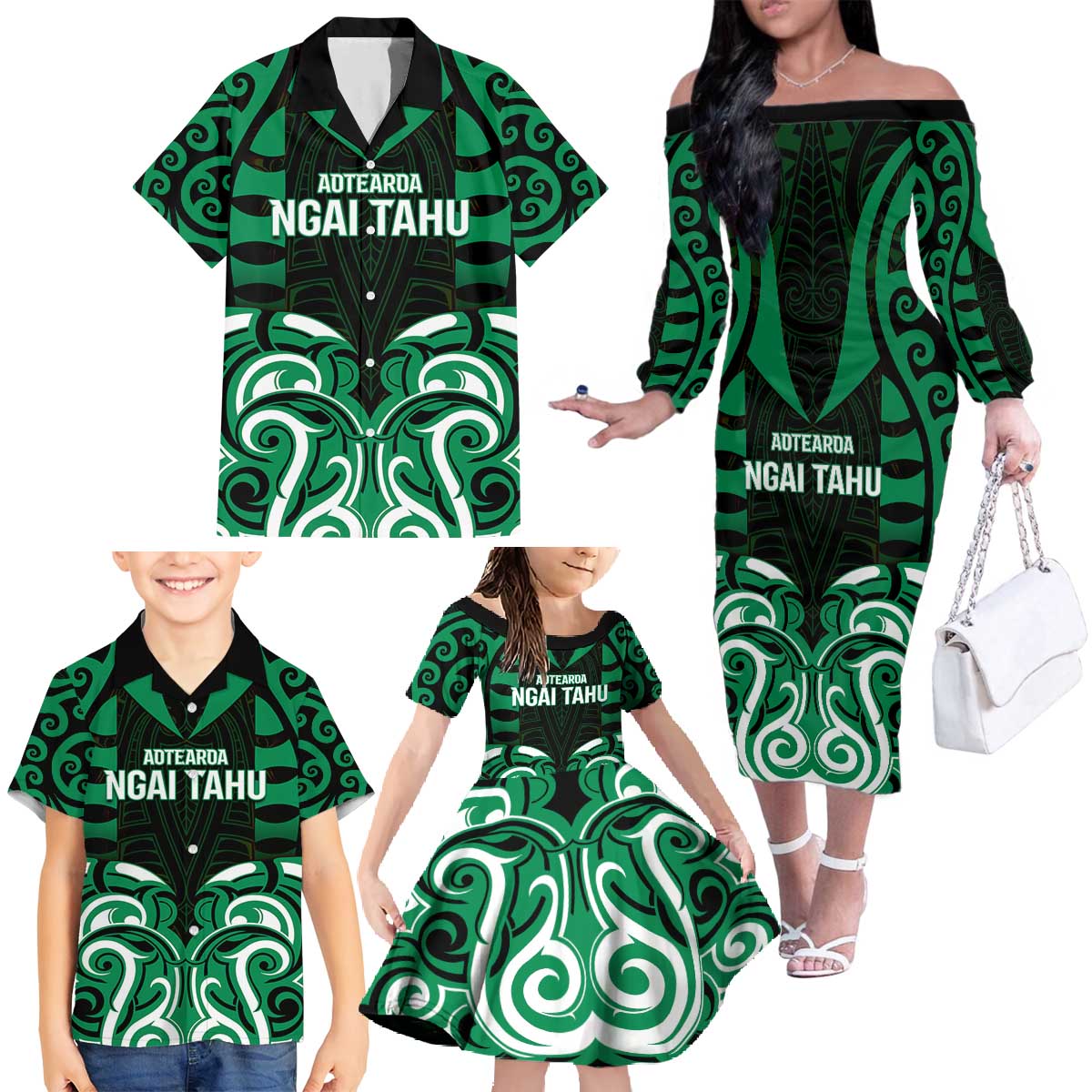 Custom Aotearoa Ngai Tahu Family Matching Off The Shoulder Long Sleeve Dress and Hawaiian Shirt Maori Pattern New Zealand DT05 - Polynesian Pride