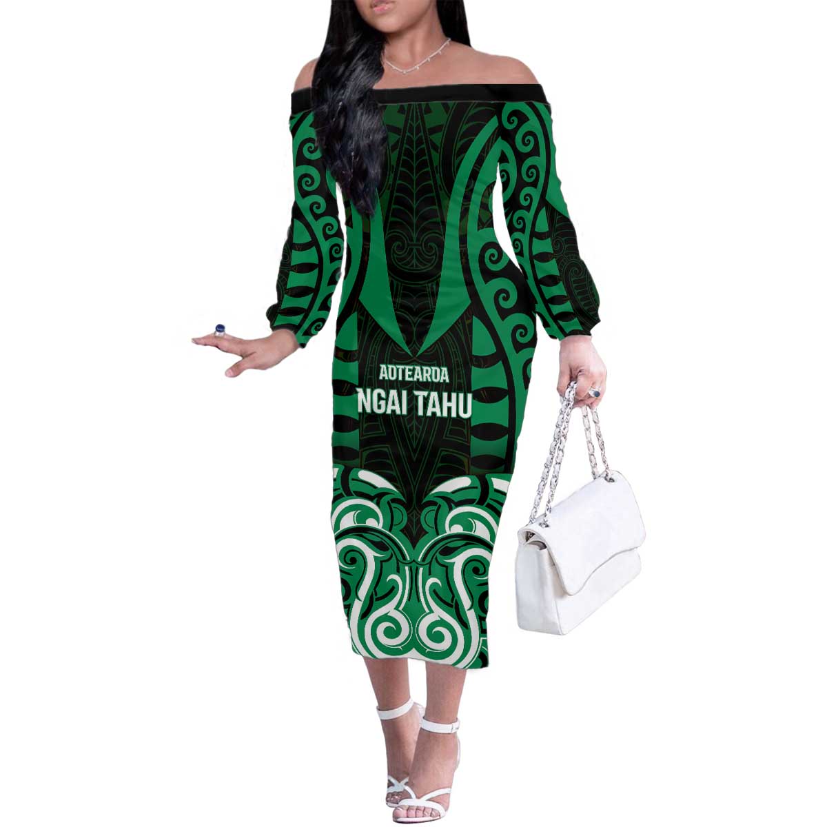 Custom Aotearoa Ngai Tahu Family Matching Off The Shoulder Long Sleeve Dress and Hawaiian Shirt Maori Pattern New Zealand DT05 Mom's Dress Green - Polynesian Pride