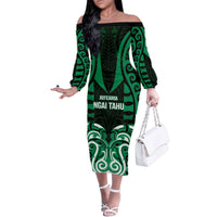 Custom Aotearoa Ngai Tahu Family Matching Off The Shoulder Long Sleeve Dress and Hawaiian Shirt Maori Pattern New Zealand DT05 Mom's Dress Green - Polynesian Pride