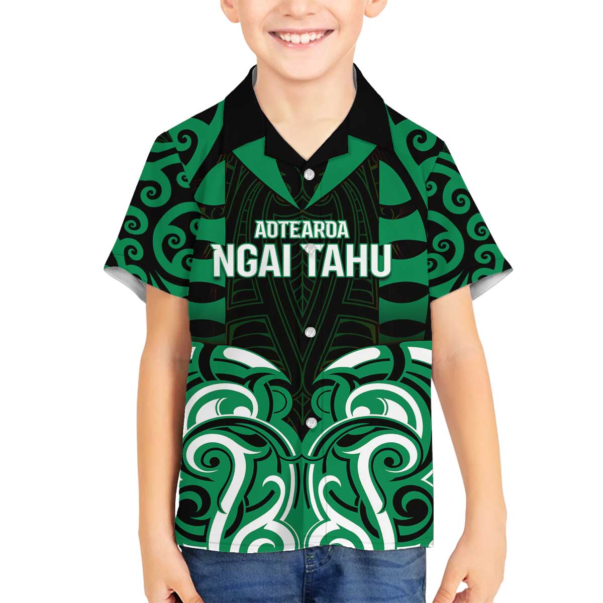 Custom Aotearoa Ngai Tahu Family Matching Off The Shoulder Long Sleeve Dress and Hawaiian Shirt Maori Pattern New Zealand DT05 Son's Shirt Green - Polynesian Pride