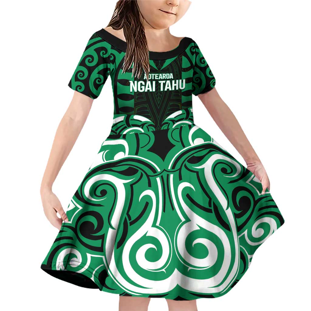 Custom Aotearoa Ngai Tahu Family Matching Off Shoulder Short Dress and Hawaiian Shirt Maori Pattern New Zealand DT05 Daughter's Dress Green - Polynesian Pride