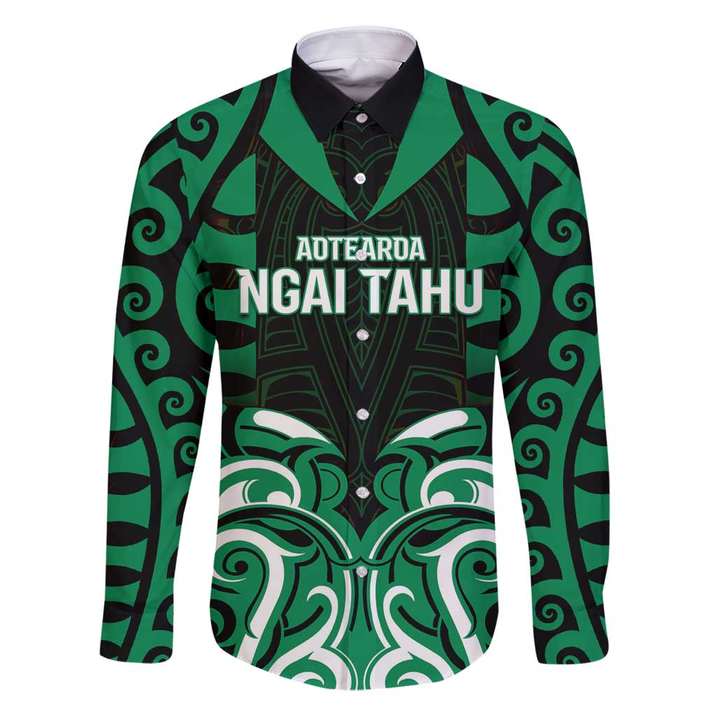 Custom Aotearoa Ngai Tahu Family Matching Puletasi and Hawaiian Shirt Maori Pattern New Zealand DT05 Dad's Shirt - Long Sleeve Green - Polynesian Pride
