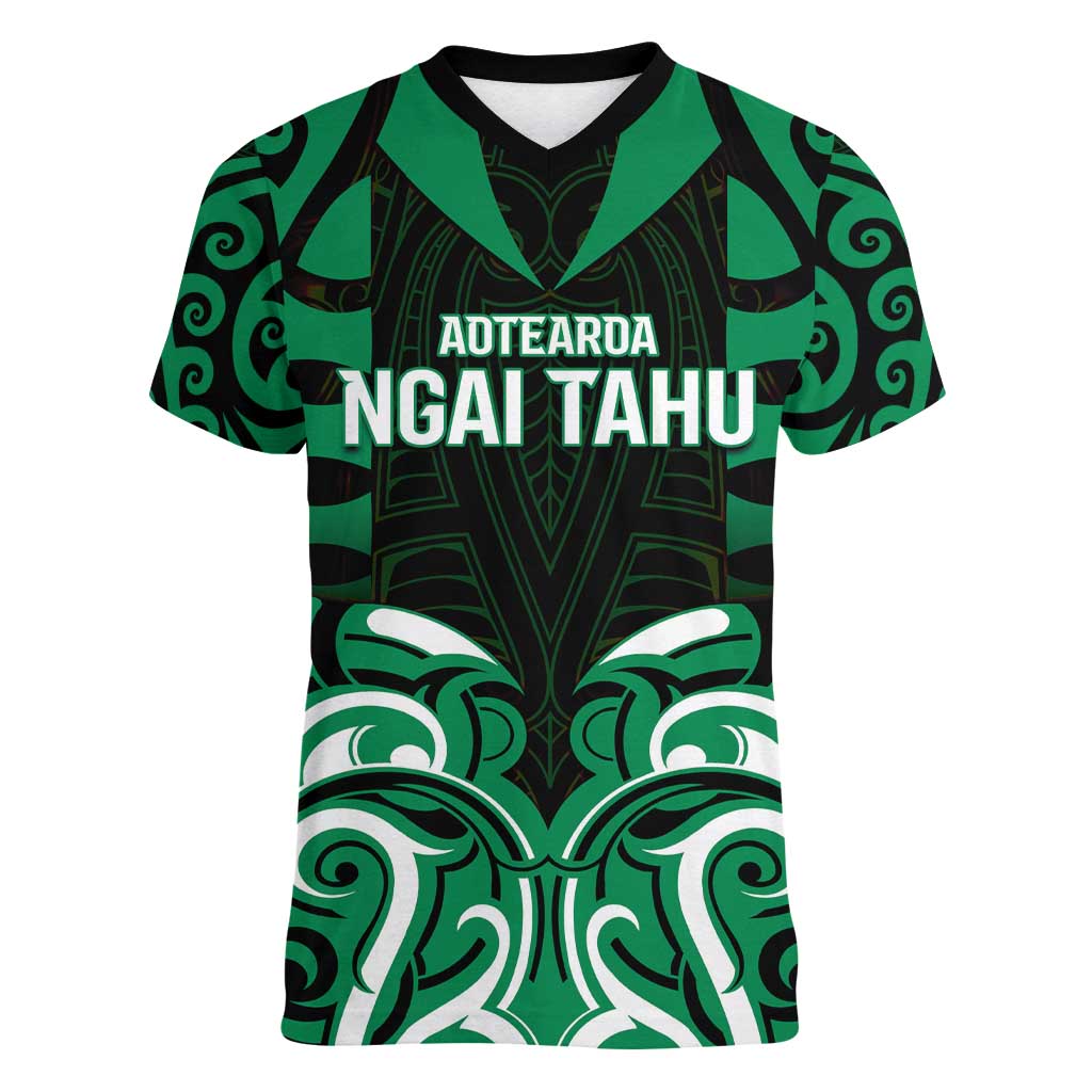 Custom Aotearoa Ngai Tahu Women V-Neck T-Shirt Maori Pattern New Zealand DT05 Female Green - Polynesian Pride