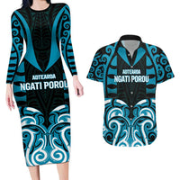 Custom Aotearoa Ngati Porou Couples Matching Long Sleeve Bodycon Dress and Hawaiian Shirt Maori Pattern New Zealand DT05 Blue - Polynesian Pride