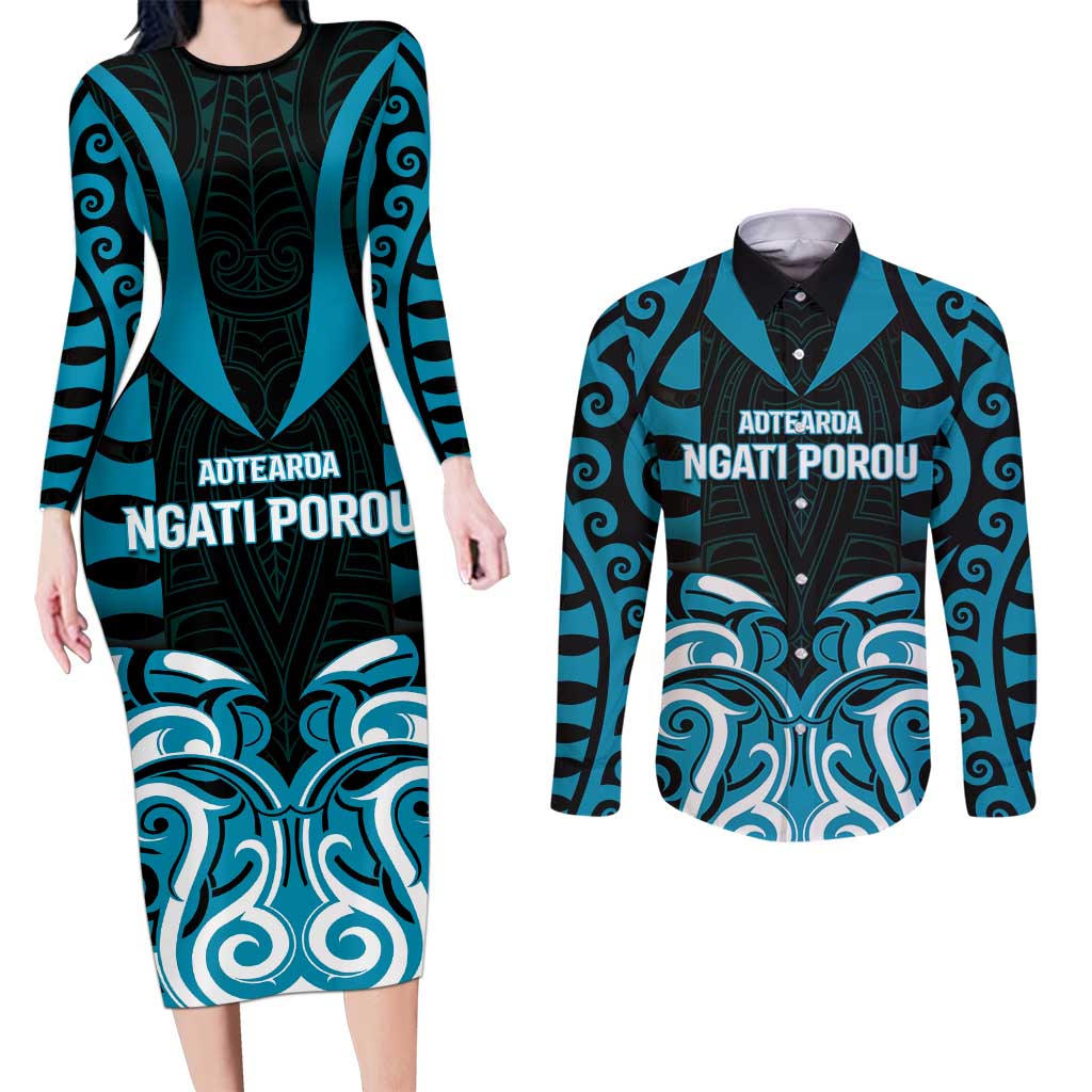 Custom Aotearoa Ngati Porou Couples Matching Long Sleeve Bodycon Dress and Long Sleeve Button Shirt Maori Pattern New Zealand DT05 Blue - Polynesian Pride
