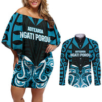 Custom Aotearoa Ngati Porou Couples Matching Off Shoulder Short Dress and Long Sleeve Button Shirt Maori Pattern New Zealand DT05 Blue - Polynesian Pride