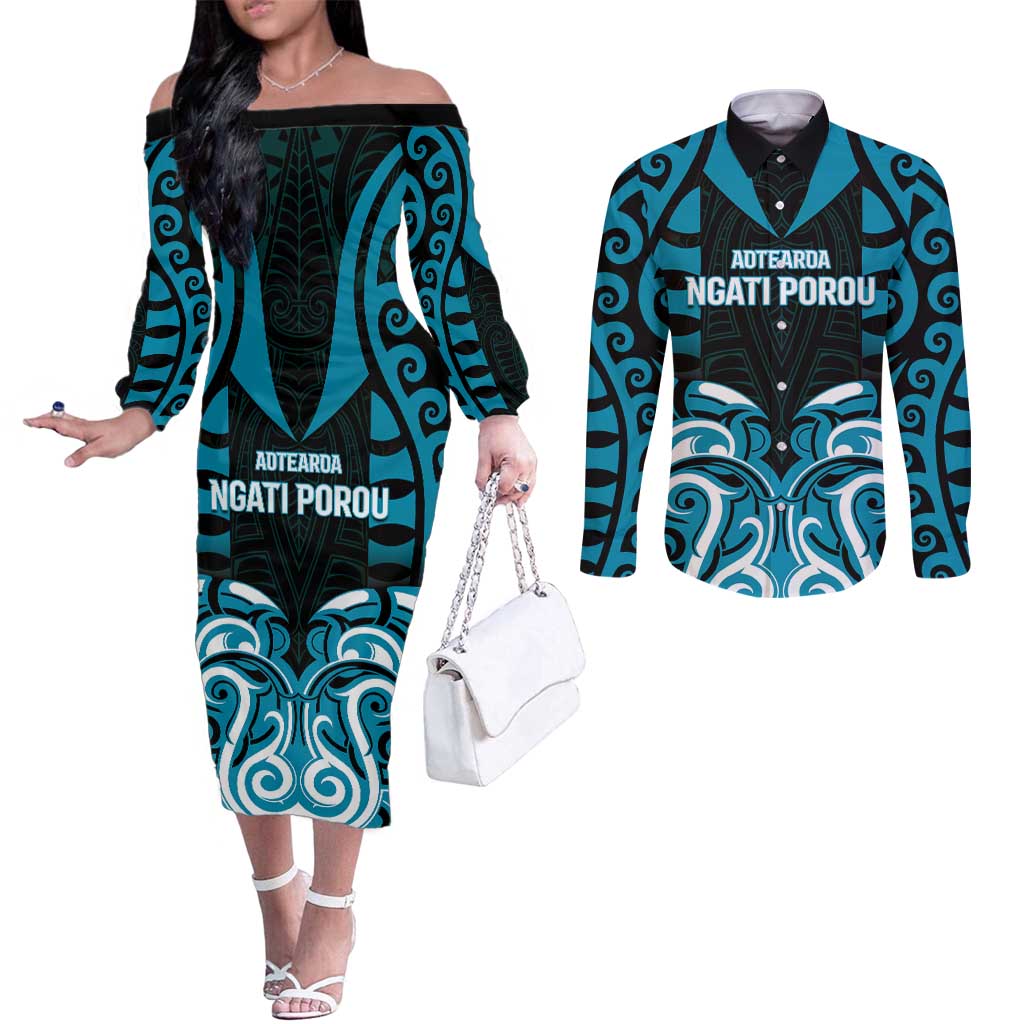 Custom Aotearoa Ngati Porou Couples Matching Off The Shoulder Long Sleeve Dress and Long Sleeve Button Shirt Maori Pattern New Zealand DT05 Blue - Polynesian Pride