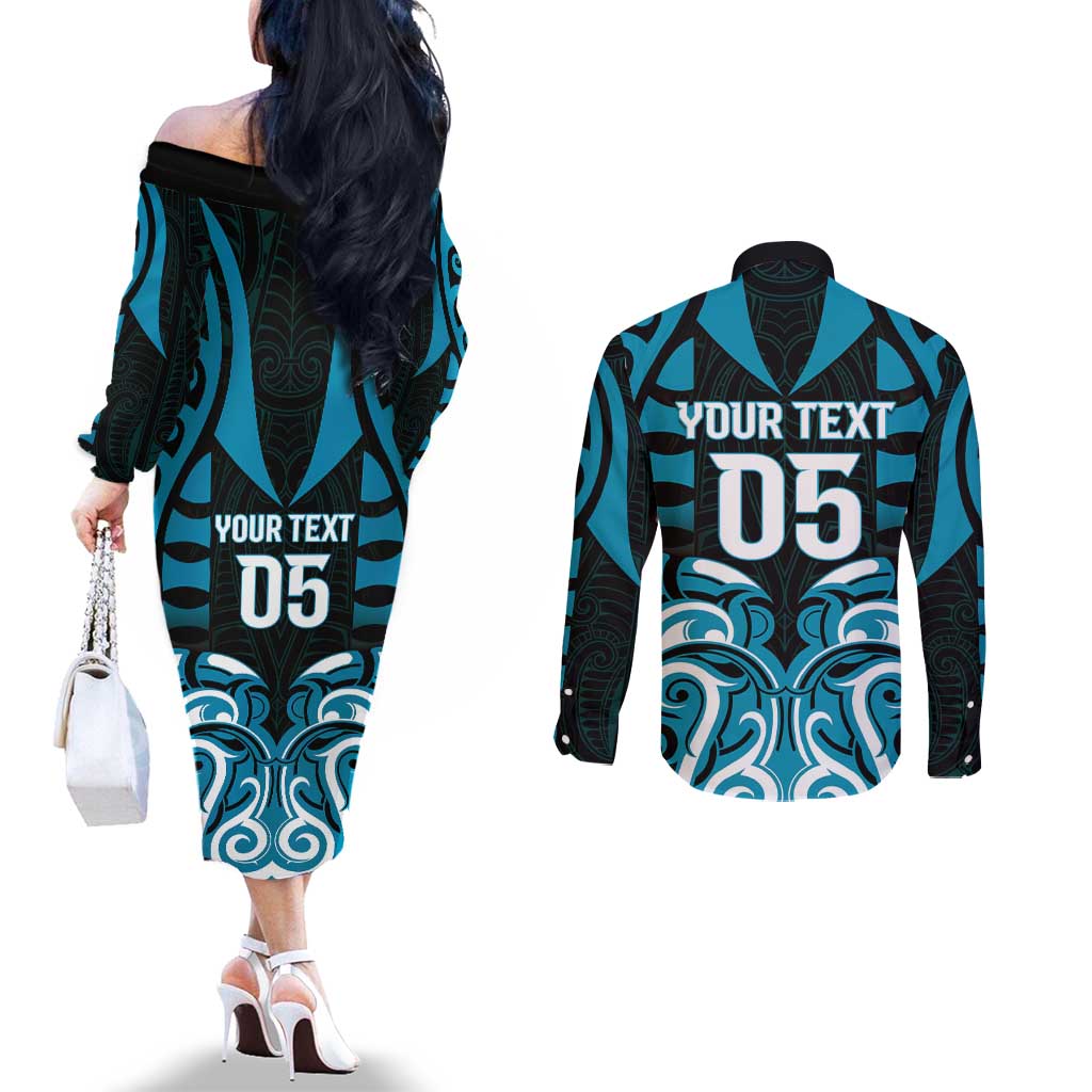 Custom Aotearoa Ngati Porou Couples Matching Off The Shoulder Long Sleeve Dress and Long Sleeve Button Shirt Maori Pattern New Zealand DT05 - Polynesian Pride
