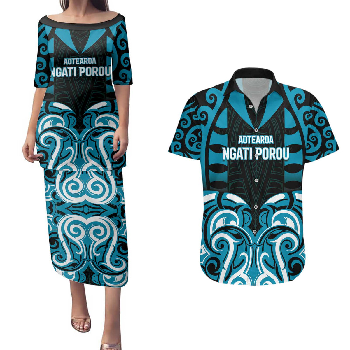 Custom Aotearoa Ngati Porou Couples Matching Puletasi and Hawaiian Shirt Maori Pattern New Zealand DT05 Blue - Polynesian Pride