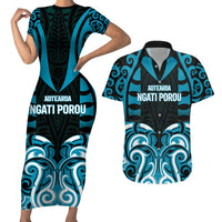 Custom Aotearoa Ngati Porou Couples Matching Short Sleeve Bodycon Dress and Hawaiian Shirt Maori Pattern New Zealand DT05 Blue - Polynesian Pride