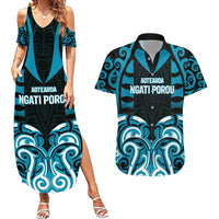 Custom Aotearoa Ngati Porou Couples Matching Summer Maxi Dress and Hawaiian Shirt Maori Pattern New Zealand DT05 Blue - Polynesian Pride