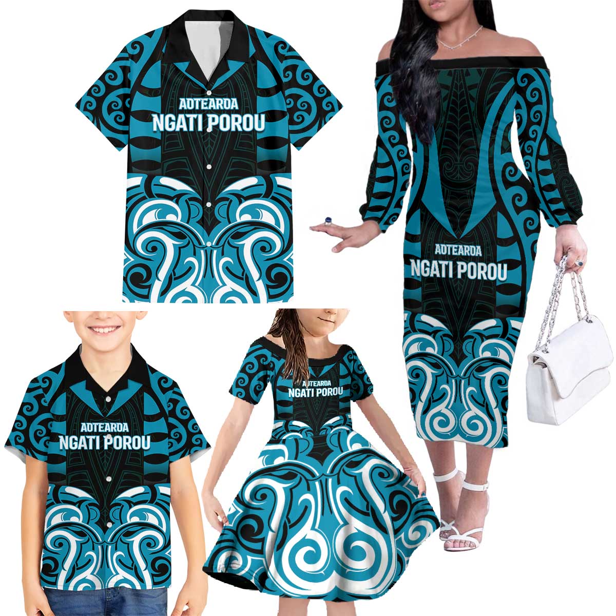 Custom Aotearoa Ngati Porou Family Matching Off The Shoulder Long Sleeve Dress and Hawaiian Shirt Maori Pattern New Zealand - Polynesian Pride