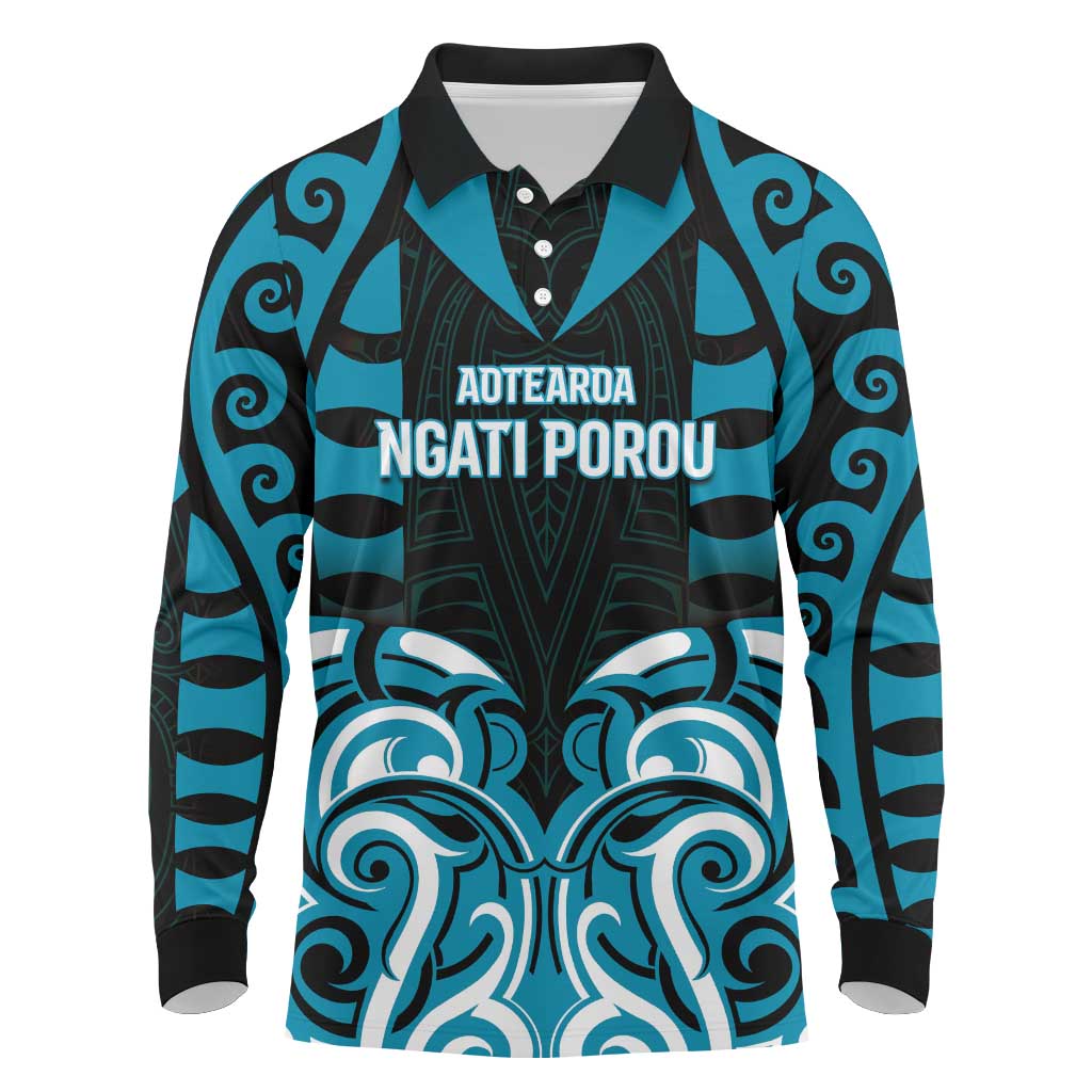 Custom Aotearoa Ngati Porou Long Sleeve Polo Shirt Maori Pattern New Zealand DT05 Blue - Polynesian Pride