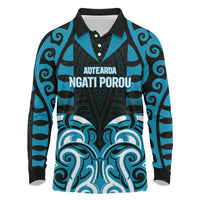 Custom Aotearoa Ngati Porou Long Sleeve Polo Shirt Maori Pattern New Zealand DT05 Blue - Polynesian Pride