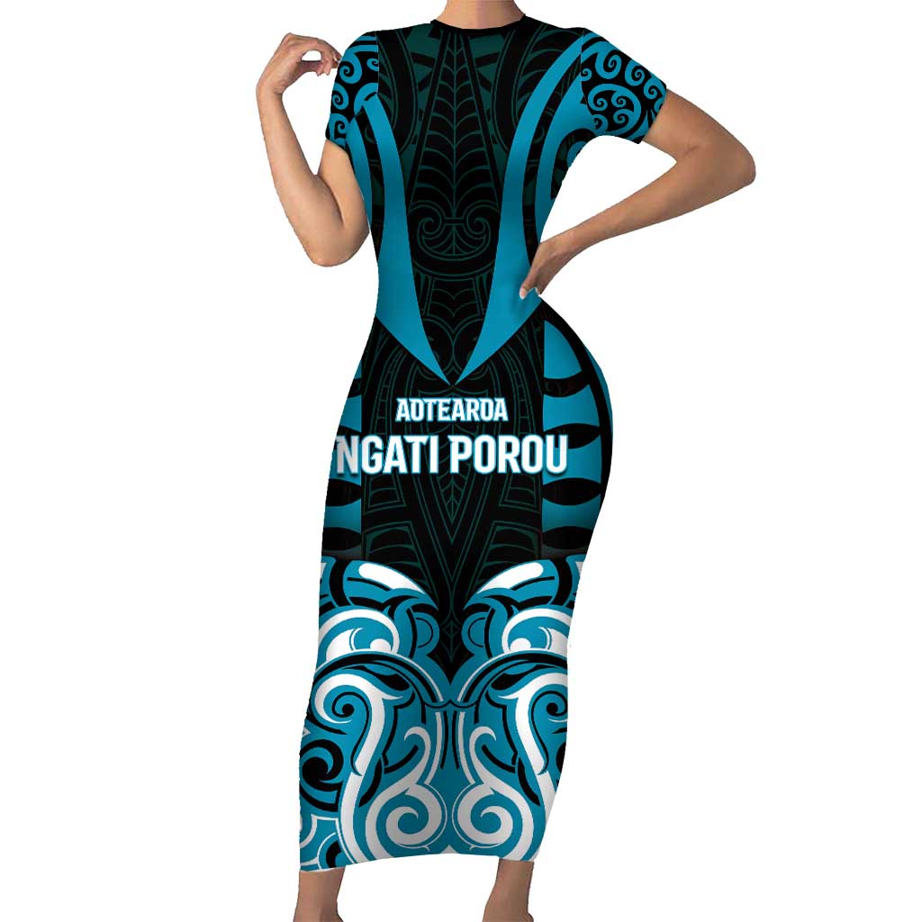 Custom Aotearoa Ngati Porou Short Sleeve Bodycon Dress Maori Pattern New Zealand DT05 Long Dress Blue - Polynesian Pride
