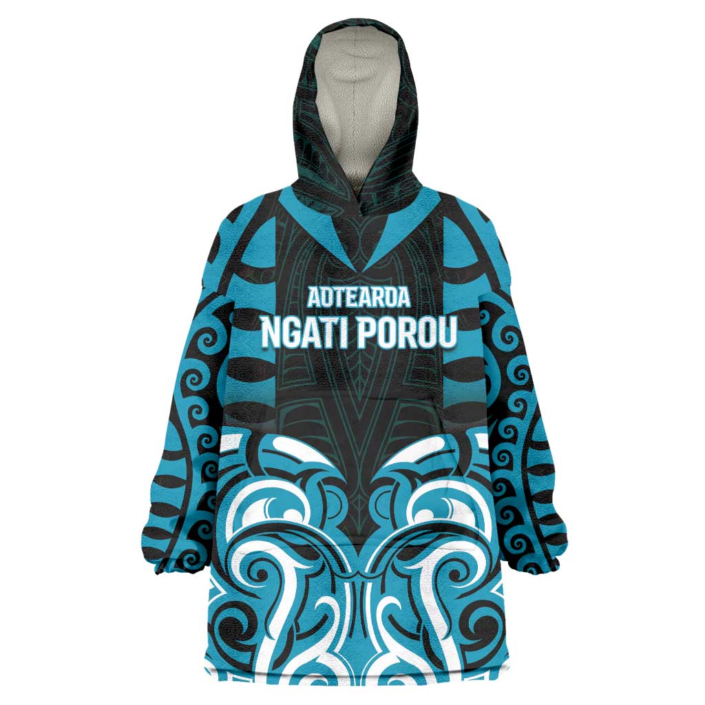 Custom Aotearoa Ngati Porou Wearable Blanket Hoodie Maori Pattern New Zealand DT05 One Size Blue - Polynesian Pride