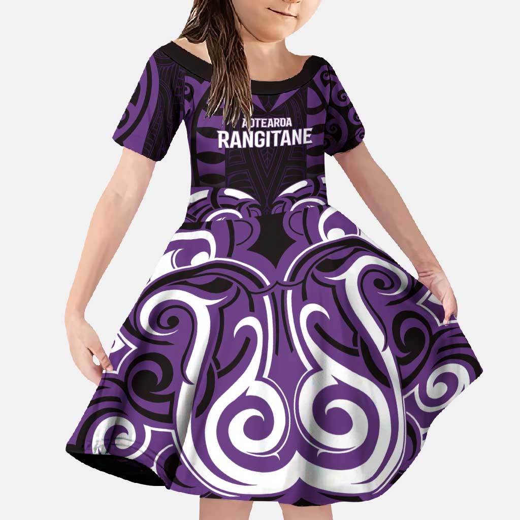 Custom Aotearoa Rangitane Family Matching Off Shoulder Maxi Dress and Hawaiian Shirt Maori Pattern New Zealand DT05 Daughter's Dress Purple - Polynesian Pride