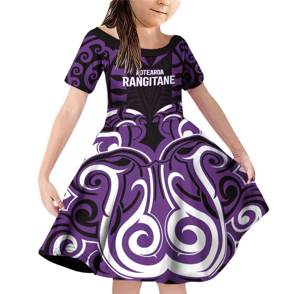Custom Aotearoa Rangitane Family Matching Off Shoulder Short Dress and Hawaiian Shirt Maori Pattern New Zealand DT05 Daughter's Dress Purple - Polynesian Pride