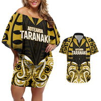 Custom Aotearoa Taranaki Couples Matching Off Shoulder Short Dress and Hawaiian Shirt Maori Pattern New Zealand DT05 Yellow - Polynesian Pride