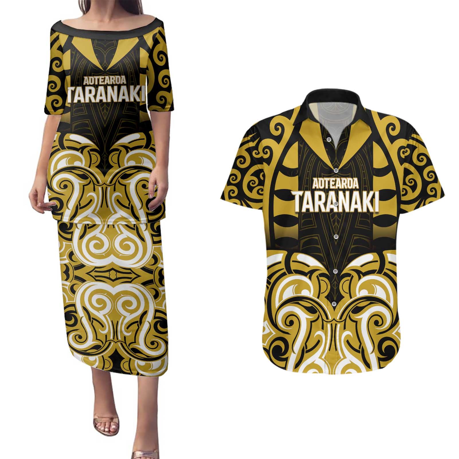 Custom Aotearoa Taranaki Couples Matching Puletasi and Hawaiian Shirt Maori Pattern New Zealand - Polynesian Pride
