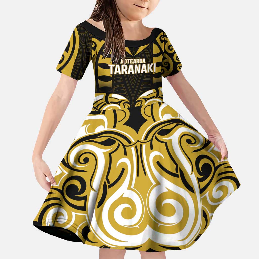Custom Aotearoa Taranaki Family Matching Off Shoulder Maxi Dress and Hawaiian Shirt Maori Pattern New Zealand DT05 Daughter's Dress Yellow - Polynesian Pride