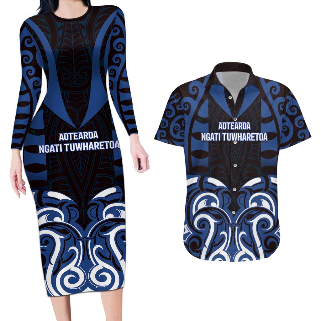 Custom Aotearoa Ngati Tuwharetoa Couples Matching Long Sleeve Bodycon Dress and Hawaiian Shirt Maori Pattern New Zealand DT05 Navy - Polynesian Pride