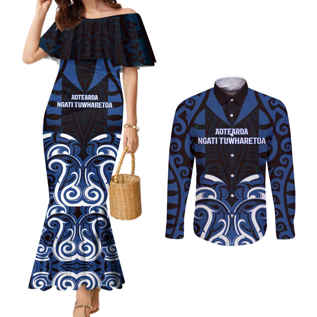 Custom Aotearoa Ngati Tuwharetoa Couples Matching Mermaid Dress and Long Sleeve Button Shirt Maori Pattern New Zealand DT05 Navy - Polynesian Pride
