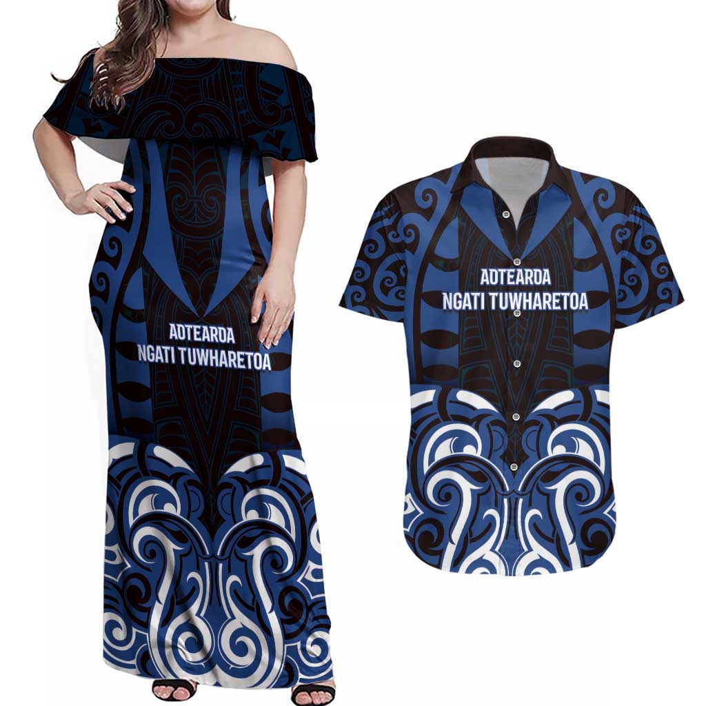 Custom Aotearoa Ngati Tuwharetoa Couples Matching Off Shoulder Maxi Dress and Hawaiian Shirt Maori Pattern New Zealand DT05 Navy - Polynesian Pride