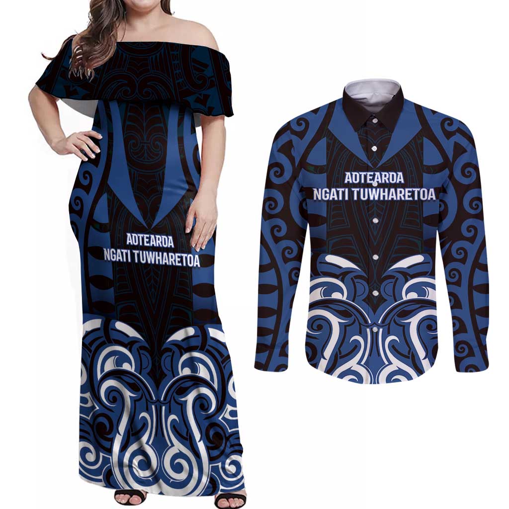 Custom Aotearoa Ngati Tuwharetoa Couples Matching Off Shoulder Maxi Dress and Long Sleeve Button Shirt Maori Pattern New Zealand DT05 Navy - Polynesian Pride