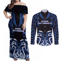 Custom Aotearoa Ngati Tuwharetoa Couples Matching Off Shoulder Maxi Dress and Long Sleeve Button Shirt Maori Pattern New Zealand DT05 Navy - Polynesian Pride