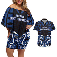 Custom Aotearoa Ngati Tuwharetoa Couples Matching Off Shoulder Short Dress and Hawaiian Shirt Maori Pattern New Zealand DT05 Navy - Polynesian Pride