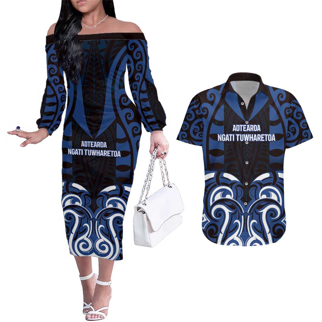 Custom Aotearoa Ngati Tuwharetoa Couples Matching Off The Shoulder Long Sleeve Dress and Hawaiian Shirt Maori Pattern New Zealand DT05 Navy - Polynesian Pride