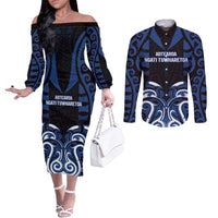 Custom Aotearoa Ngati Tuwharetoa Couples Matching Off The Shoulder Long Sleeve Dress and Long Sleeve Button Shirt Maori Pattern New Zealand DT05 Navy - Polynesian Pride
