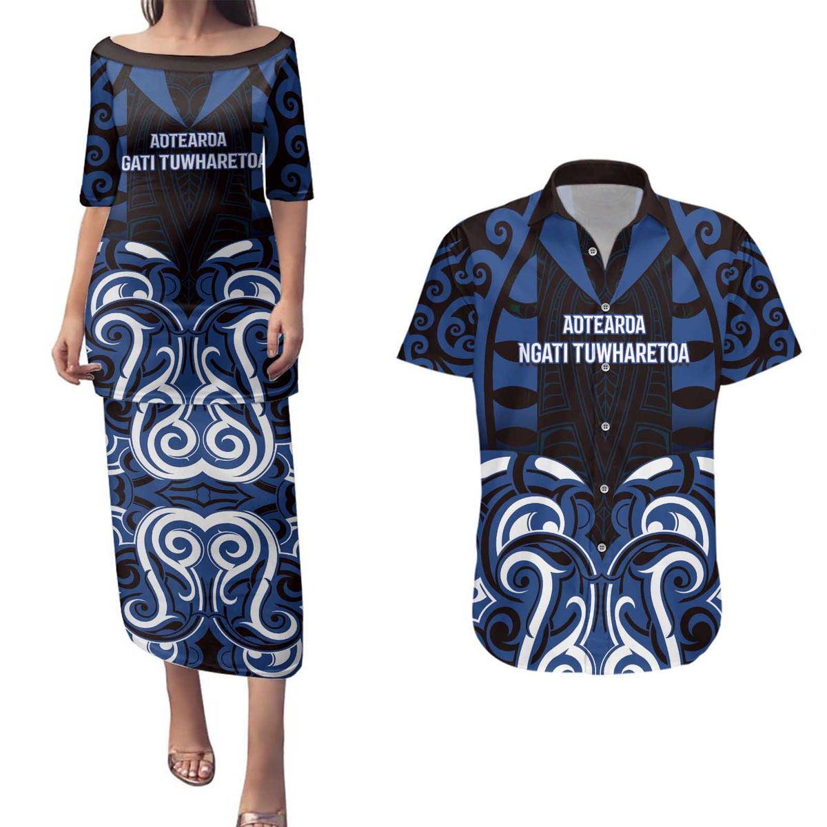 Custom Aotearoa Ngati Tuwharetoa Couples Matching Puletasi and Hawaiian Shirt Maori Pattern New Zealand DT05 Navy - Polynesian Pride