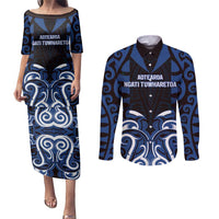 Custom Aotearoa Ngati Tuwharetoa Couples Matching Puletasi and Long Sleeve Button Shirt Maori Pattern New Zealand DT05 Navy - Polynesian Pride