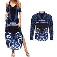 Custom Aotearoa Ngati Tuwharetoa Couples Matching Summer Maxi Dress and Long Sleeve Button Shirt Maori Pattern New Zealand DT05 Navy - Polynesian Pride