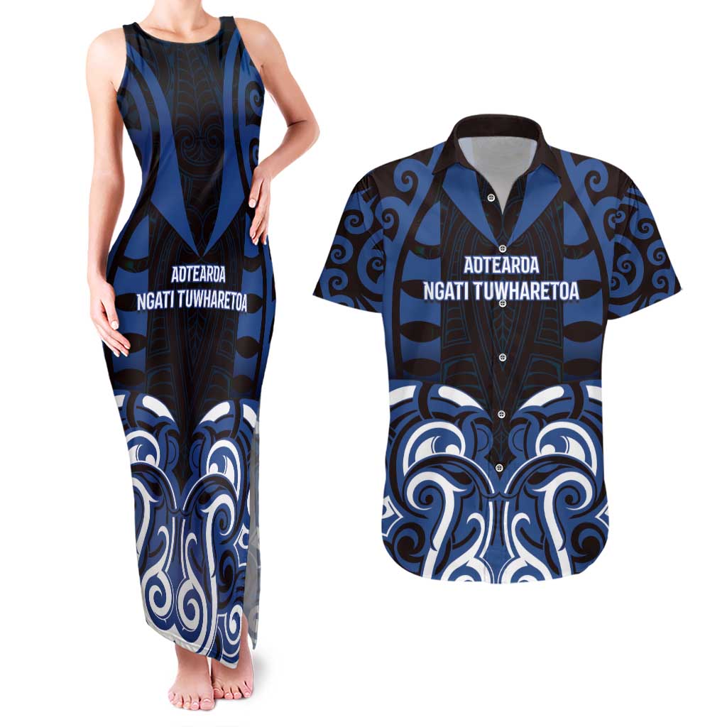 Custom Aotearoa Ngati Tuwharetoa Couples Matching Tank Maxi Dress and Hawaiian Shirt Maori Pattern New Zealand DT05 Navy - Polynesian Pride