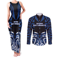 Custom Aotearoa Ngati Tuwharetoa Couples Matching Tank Maxi Dress and Long Sleeve Button Shirt Maori Pattern New Zealand DT05 Navy - Polynesian Pride
