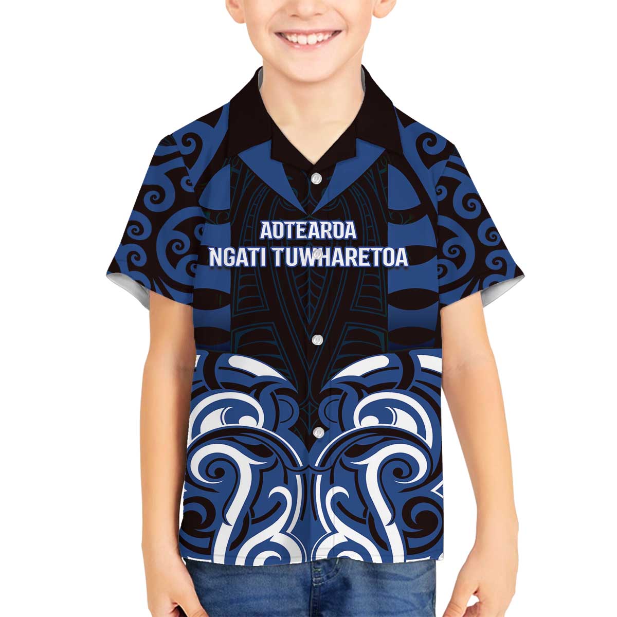 Custom Aotearoa Ngati Tuwharetoa Family Matching Off The Shoulder Long Sleeve Dress and Hawaiian Shirt Maori Pattern New Zealand DT05 Son's Shirt Navy - Polynesian Pride