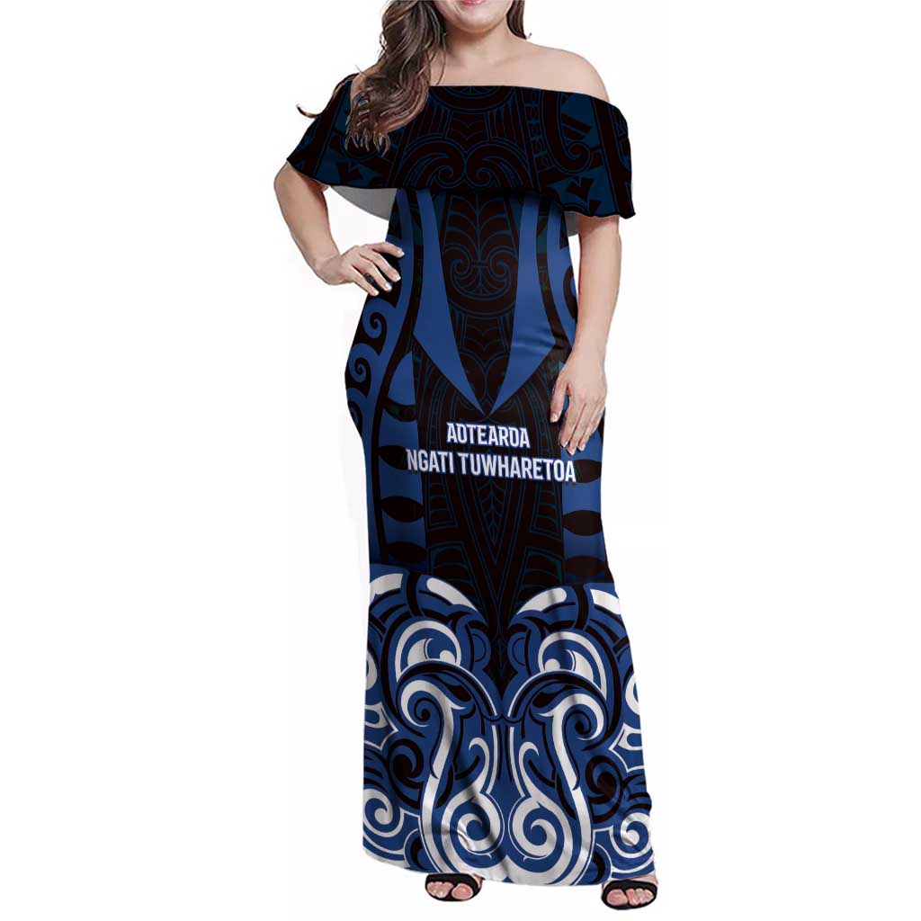 Custom Aotearoa Ngati Tuwharetoa Family Matching Off Shoulder Maxi Dress and Hawaiian Shirt Maori Pattern New Zealand DT05 Mom's Dress Navy - Polynesian Pride