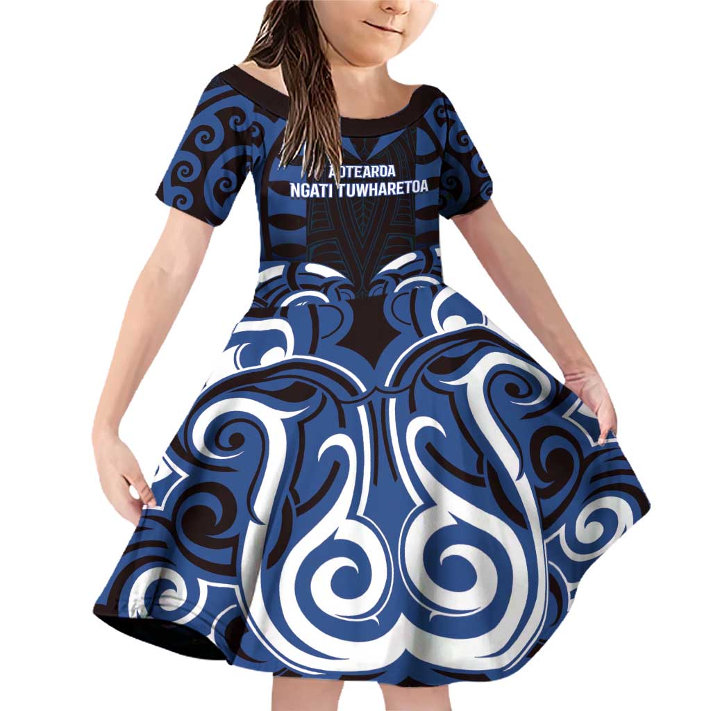 Custom Aotearoa Ngati Tuwharetoa Family Matching Off Shoulder Short Dress and Hawaiian Shirt Maori Pattern New Zealand DT05 Daughter's Dress Navy - Polynesian Pride