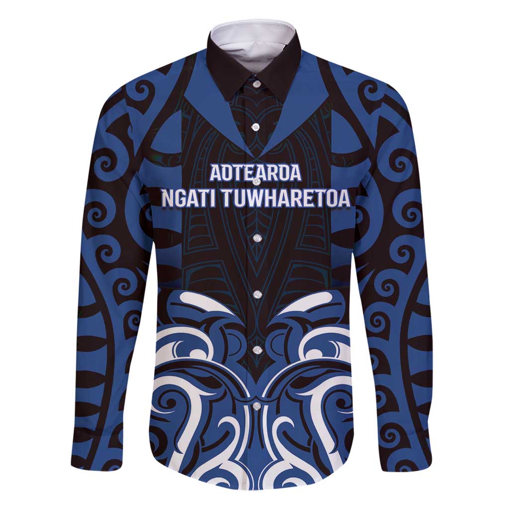 Custom Aotearoa Ngati Tuwharetoa Family Matching Off Shoulder Short Dress and Hawaiian Shirt Maori Pattern New Zealand DT05 Dad's Shirt - Long Sleeve Navy - Polynesian Pride