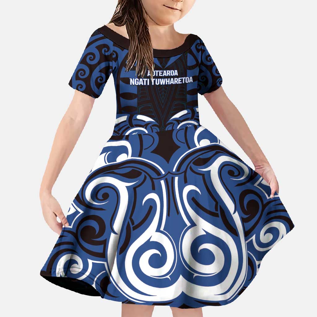 Custom Aotearoa Ngati Tuwharetoa Family Matching Short Sleeve Bodycon Dress and Hawaiian Shirt Maori Pattern New Zealand DT05 Daughter's Dress Navy - Polynesian Pride