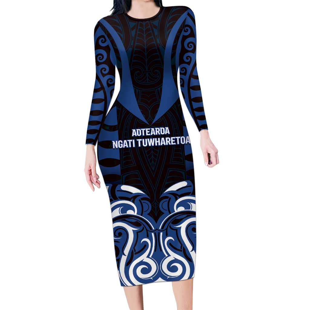 Custom Aotearoa Ngati Tuwharetoa Long Sleeve Bodycon Dress Maori Pattern New Zealand DT05 Long Dress Navy - Polynesian Pride