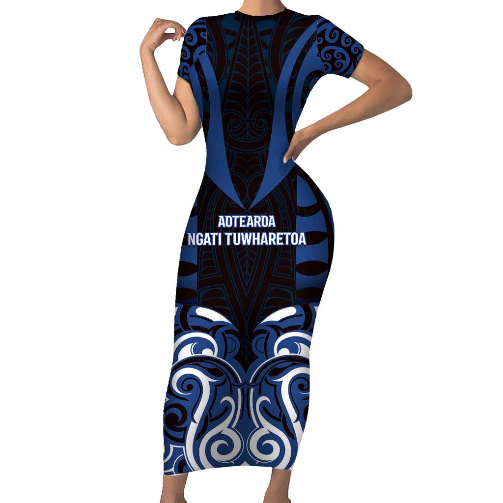 Custom Aotearoa Ngati Tuwharetoa Short Sleeve Bodycon Dress Maori Pattern New Zealand DT05 Long Dress Navy - Polynesian Pride