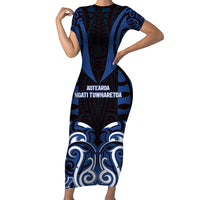 Custom Aotearoa Ngati Tuwharetoa Short Sleeve Bodycon Dress Maori Pattern New Zealand DT05 Long Dress Navy - Polynesian Pride