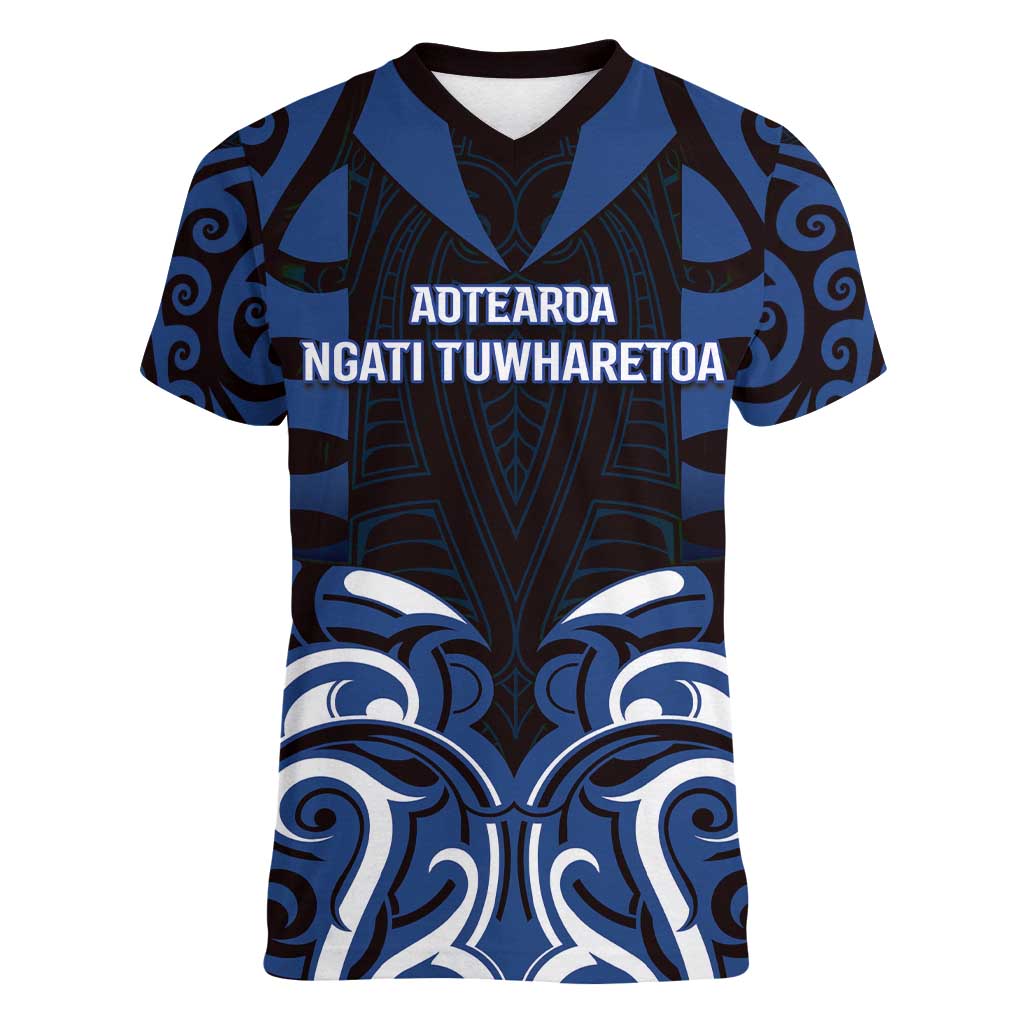 Custom Aotearoa Ngati Tuwharetoa Women V-Neck T-Shirt Maori Pattern New Zealand DT05 Female Navy - Polynesian Pride