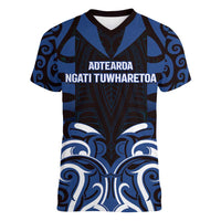 Custom Aotearoa Ngati Tuwharetoa Women V-Neck T-Shirt Maori Pattern New Zealand DT05 Female Navy - Polynesian Pride