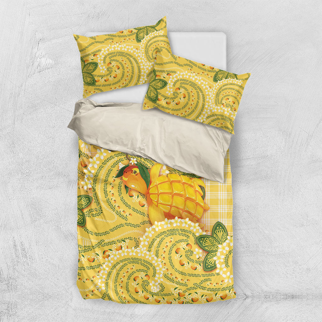 Hawaii Palaka Bedding Set Cute Ripe Mango Turtle On The Waves DT05 US Twin 172cm x 218cm Yellow - Polynesian Pride