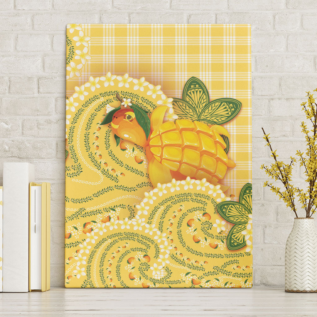 Hawaii Palaka Canvas Wall Art Cute Ripe Mango Turtle On The Waves DT05 Without Frame Yellow - Polynesian Pride